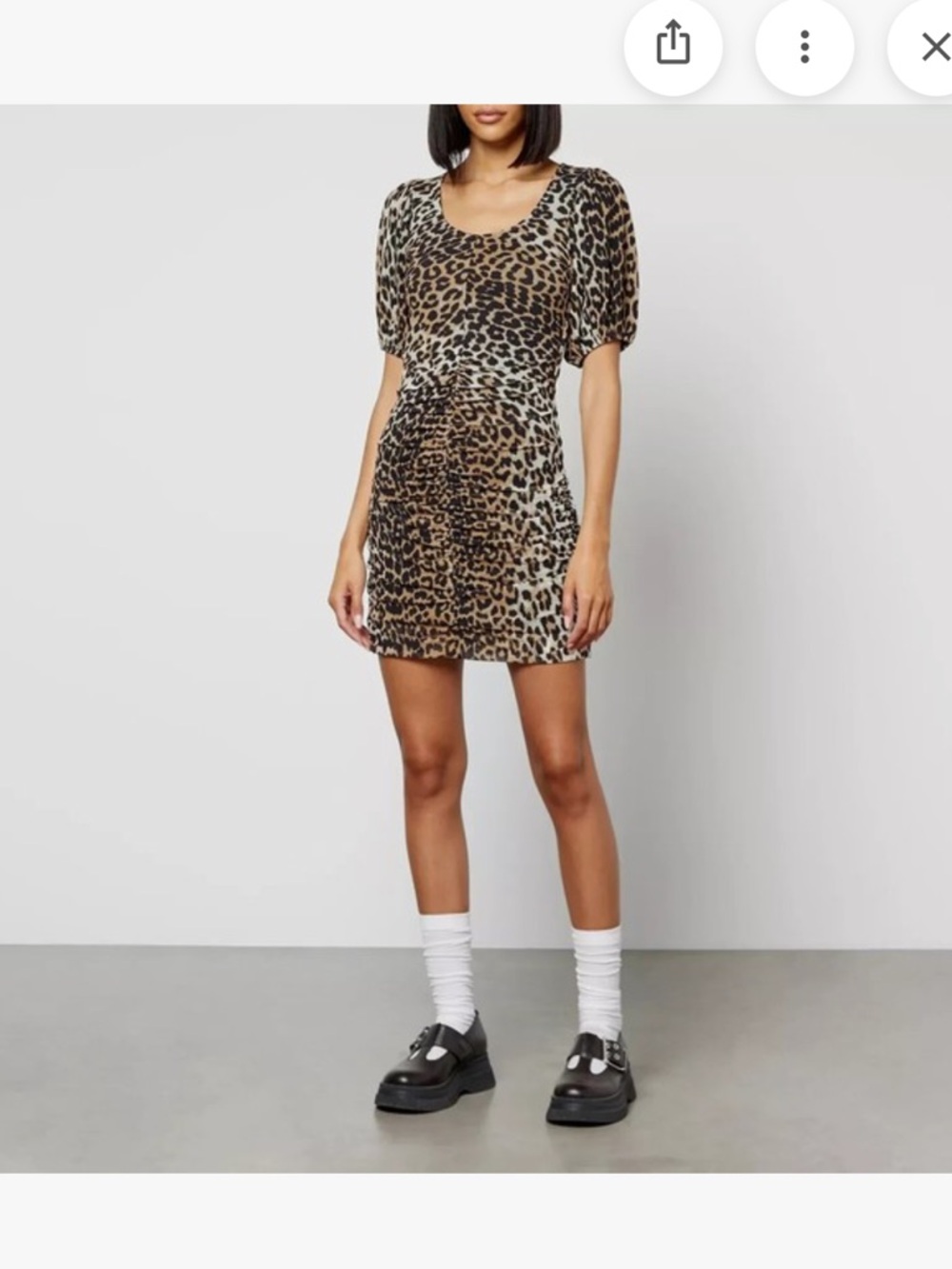 NWT Ganni Leopard Print Seedpearl Scoop Neck Mini Dress Ruched Stretchy